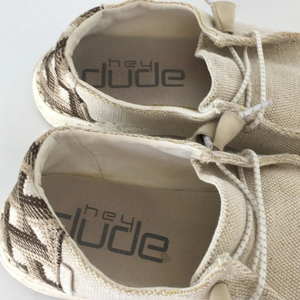 Hey Dude Wendy Canvas Shoes Neutral Cream Gold Threading Women’s Size 6 Boho - Picture 8 of 10